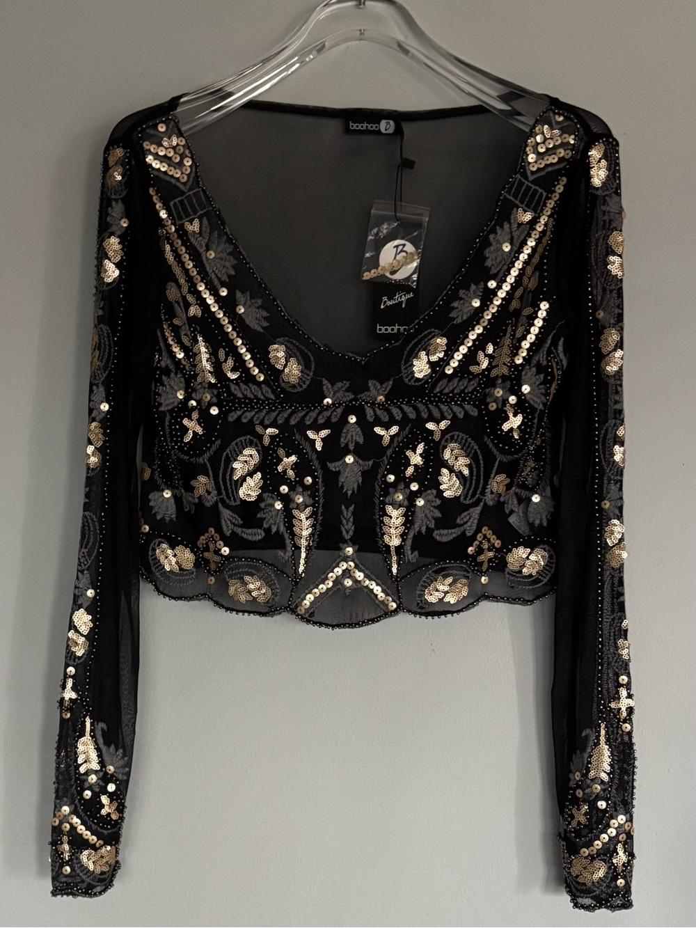 Boohoo Grace Sheer Embellished Crop Top Black Gold Beaded Art Deco Size 6